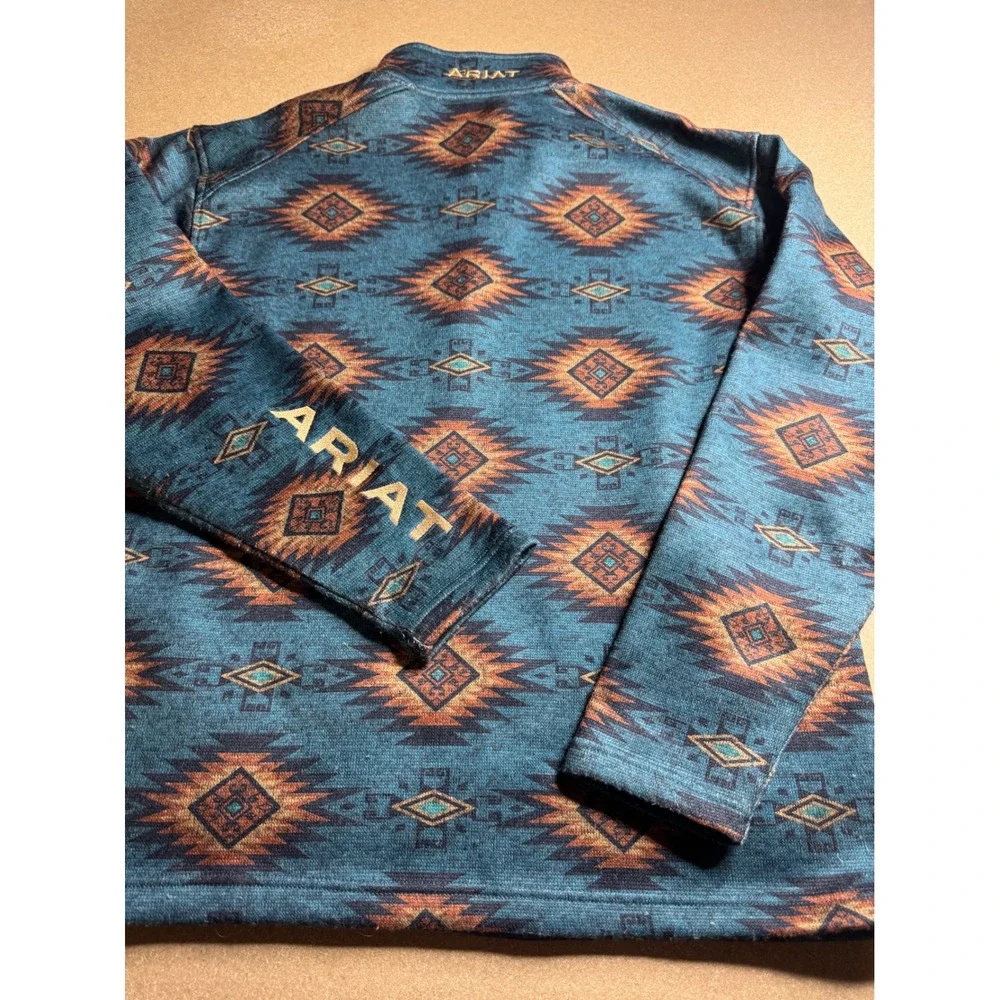 Ariat Mens Large Teal Blue Aztec Southwestern Quarter Zip Fleece Pullover Jacket